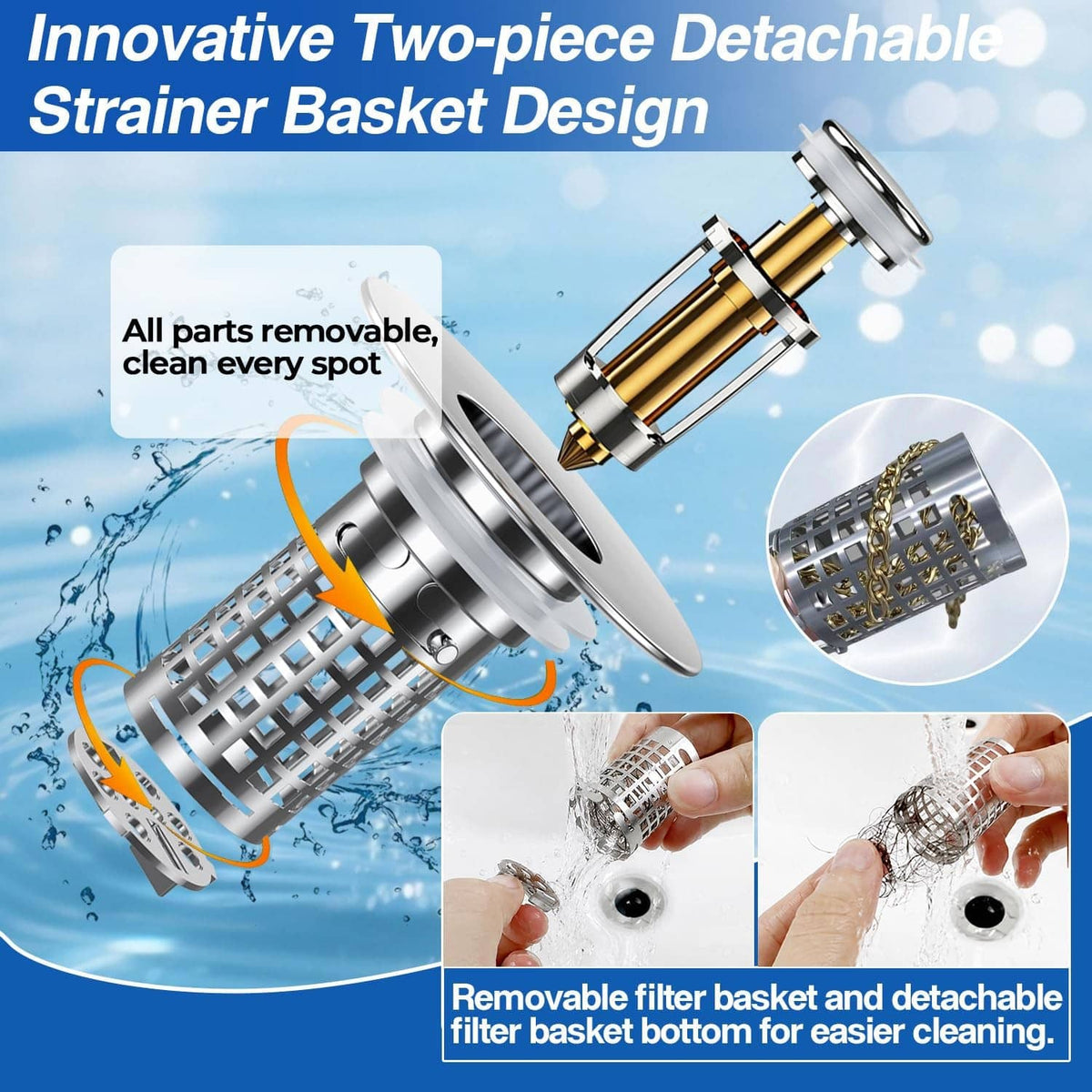 Two-piece pop-up drain strainer with detachable filter basket and copper-toned mesh