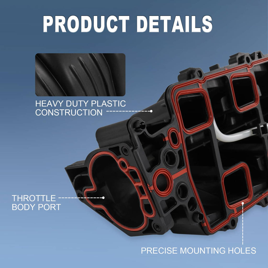 Upper intake manifold with gasket, black plastic housing with red gasket port outlines