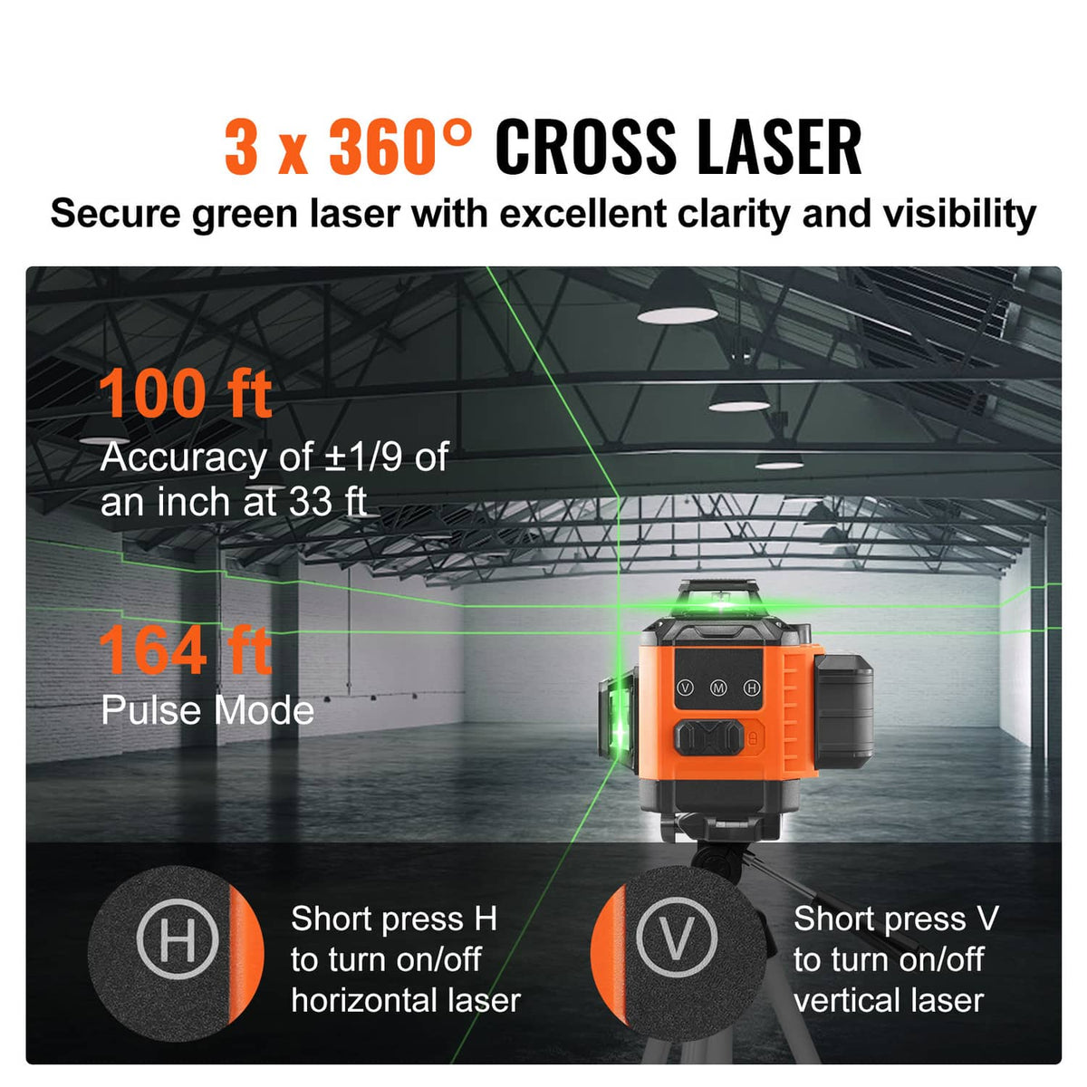 Orange cross-line laser level projecting three 360° green laser lines