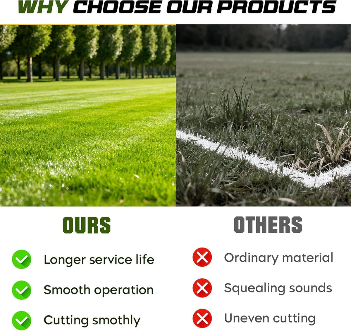 Mower deck rebuild kit comparison graphic for longer service life and smooth cutting
