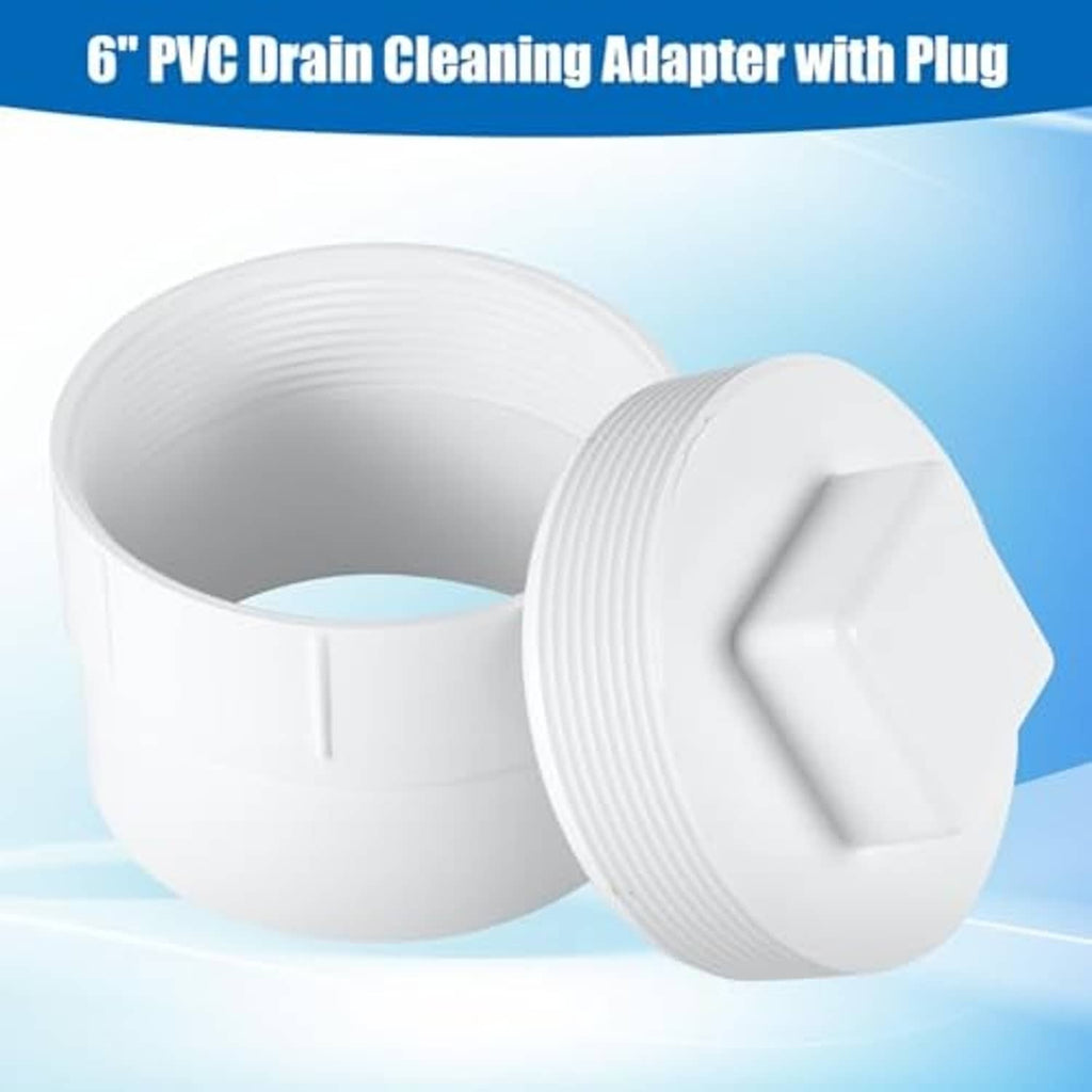 6 inch PVC drain cleaning adapter with detachable white plug cap, side view