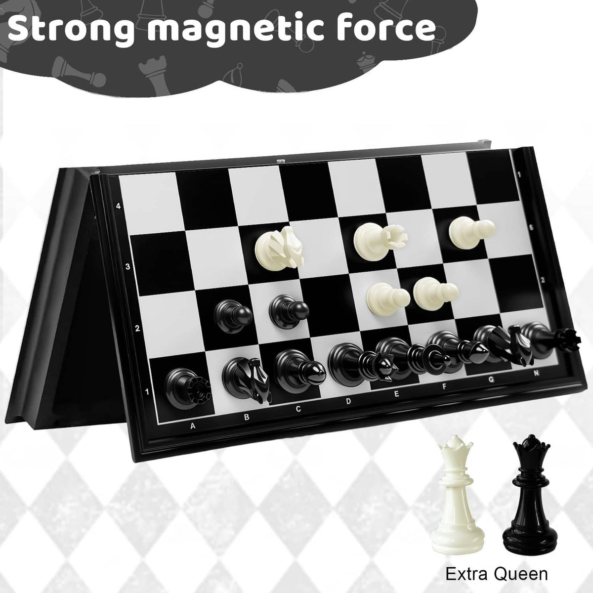 Folded magnetic chessboard open flat with black and white pieces in play