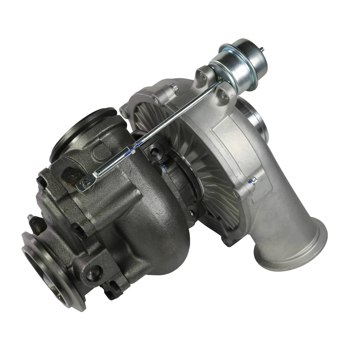 Turbocharger angled view with turbine and compressor housings, vacuum canister, and outlet
