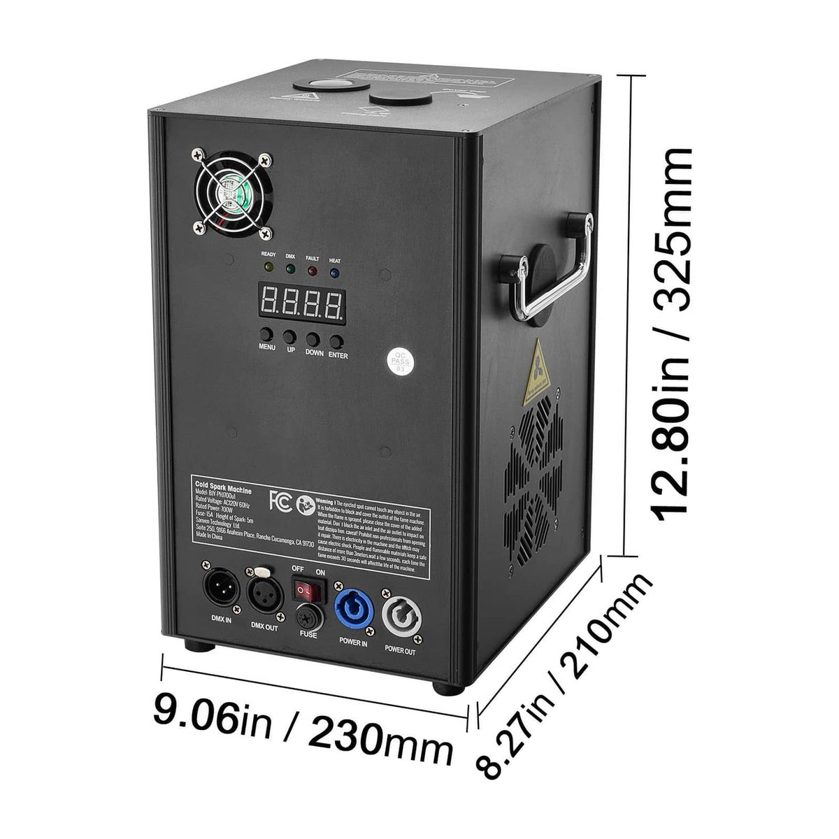 Back view of black cold spark machine showing control panel, vents, and measurement labels
