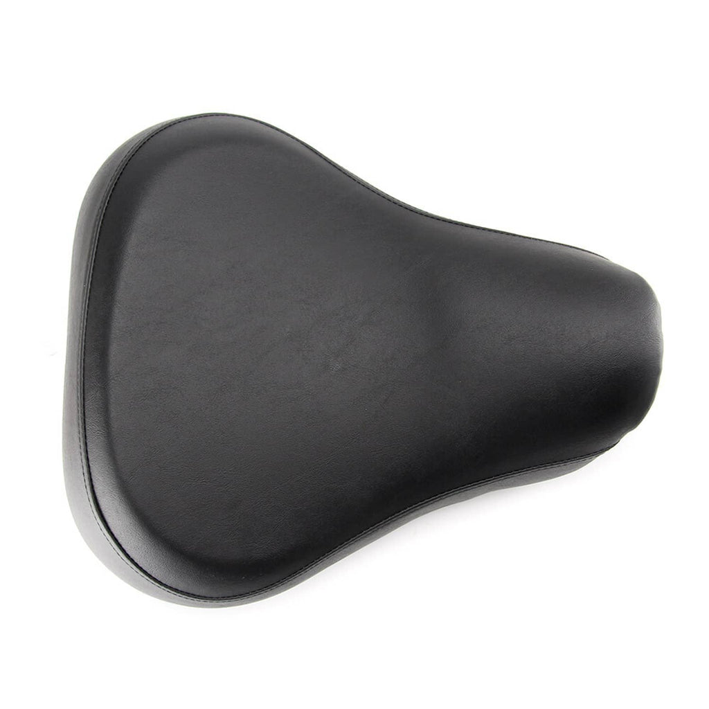 Black solo rider motorcycle seat, teardrop shape with stitched contour