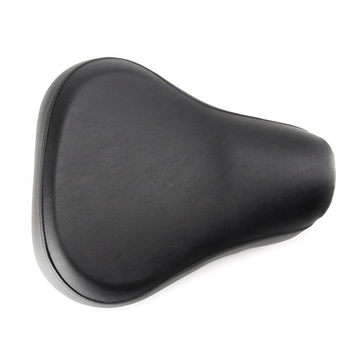 Black solo rider motorcycle seat, teardrop shape with stitched contour