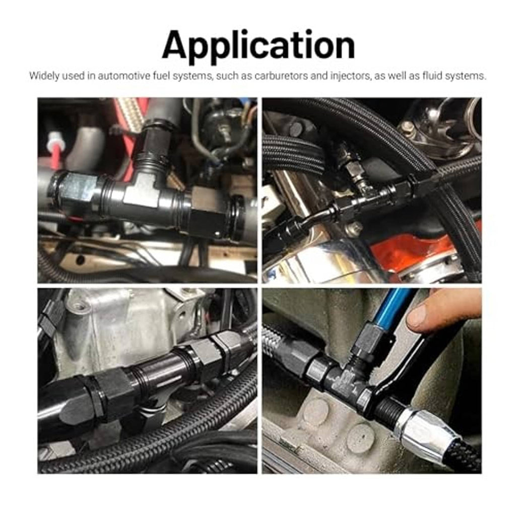Black T-fitting adapter installed on a fuel line with connected hoses