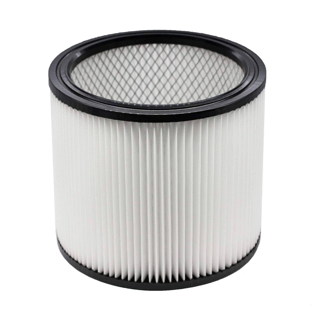 White pleated vacuum filter cylinder with black rim and fine mesh top screen