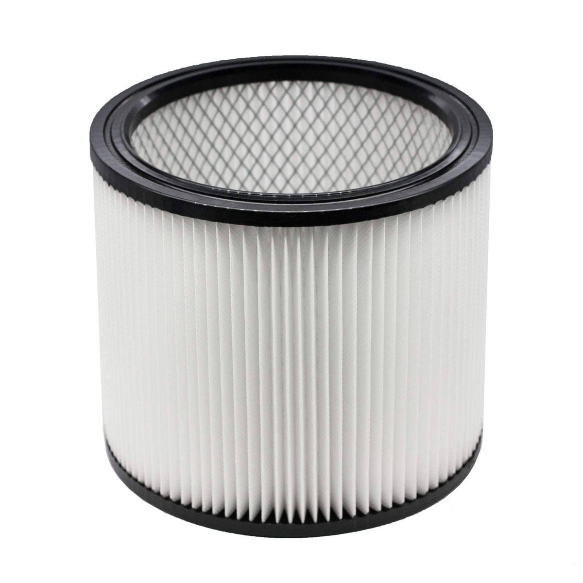 White pleated vacuum filter cylinder with black rim and fine mesh top screen