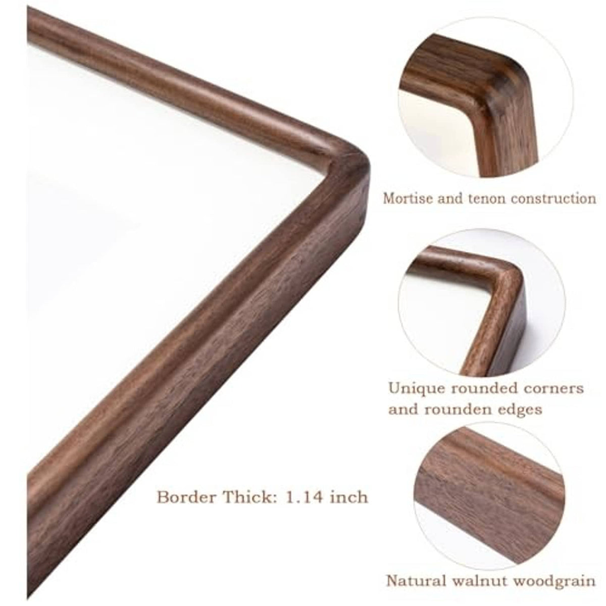 Walnut wood picture frame corner close-up with rounded edges and mortise-tenon joint