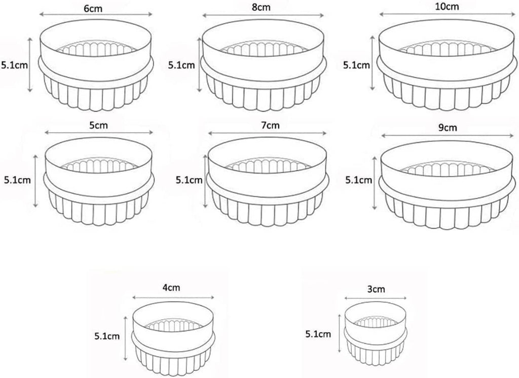 Set of 8 round display risers with ribbed sides, shown in multiple heights