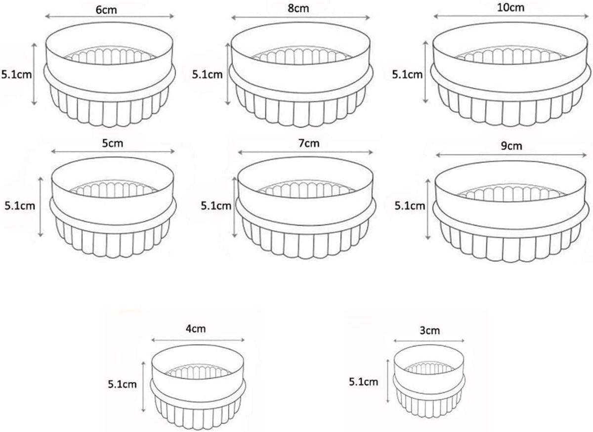 Set of 8 round display risers with ribbed sides, shown in multiple heights
