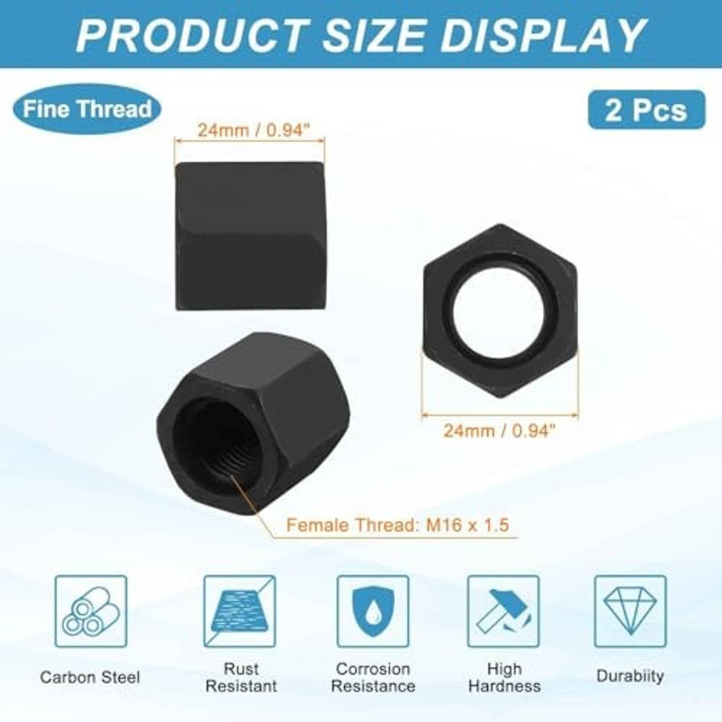 Pair of black hex coupling nuts with internal female threads