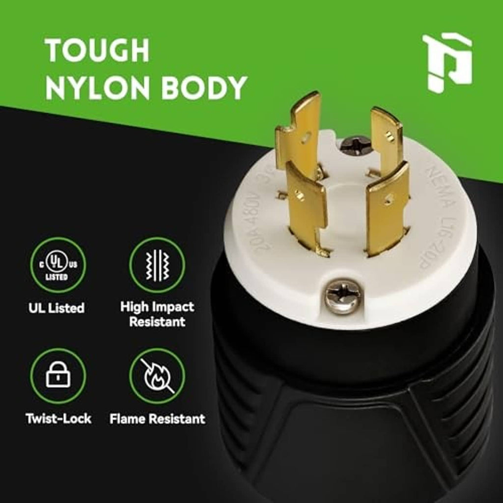 Locking generator twist-lock male plug, white insert with gold prongs, black nylon body