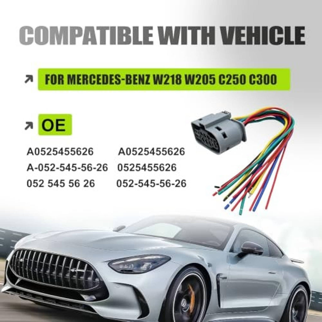 Headlight connector plug with multicolor wires, shown beside compatible vehicle