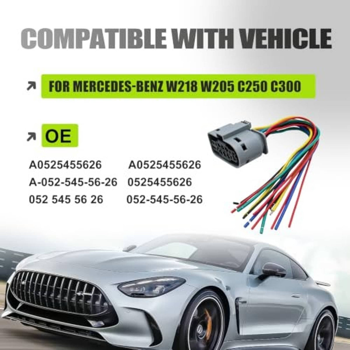 Headlight connector plug with multicolor wires, shown beside compatible vehicle