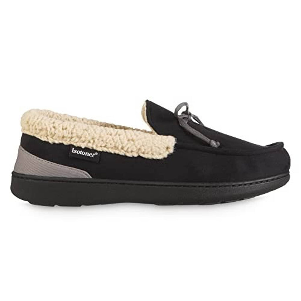 Black slip-on moccasin slipper with tan sherpa cuff and low-profile platform sole