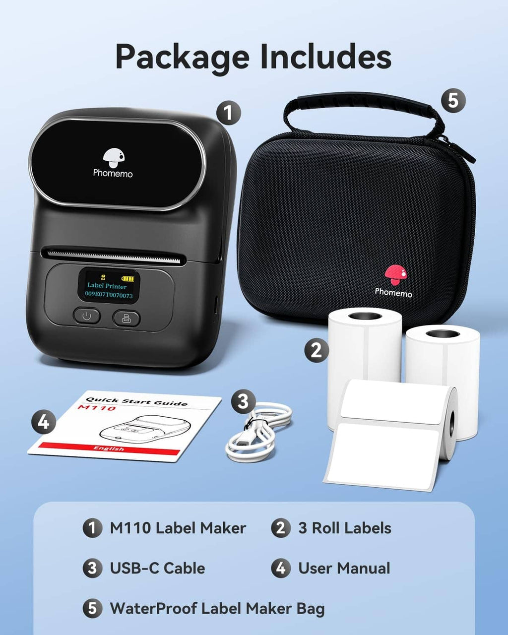 Portable thermal label maker kit with 3 rolls, USB-C cable, manual, and waterproof bag
