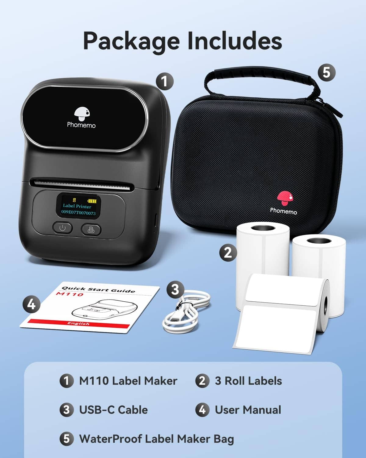 Portable thermal label maker kit with 3 rolls, USB-C cable, manual, and waterproof bag