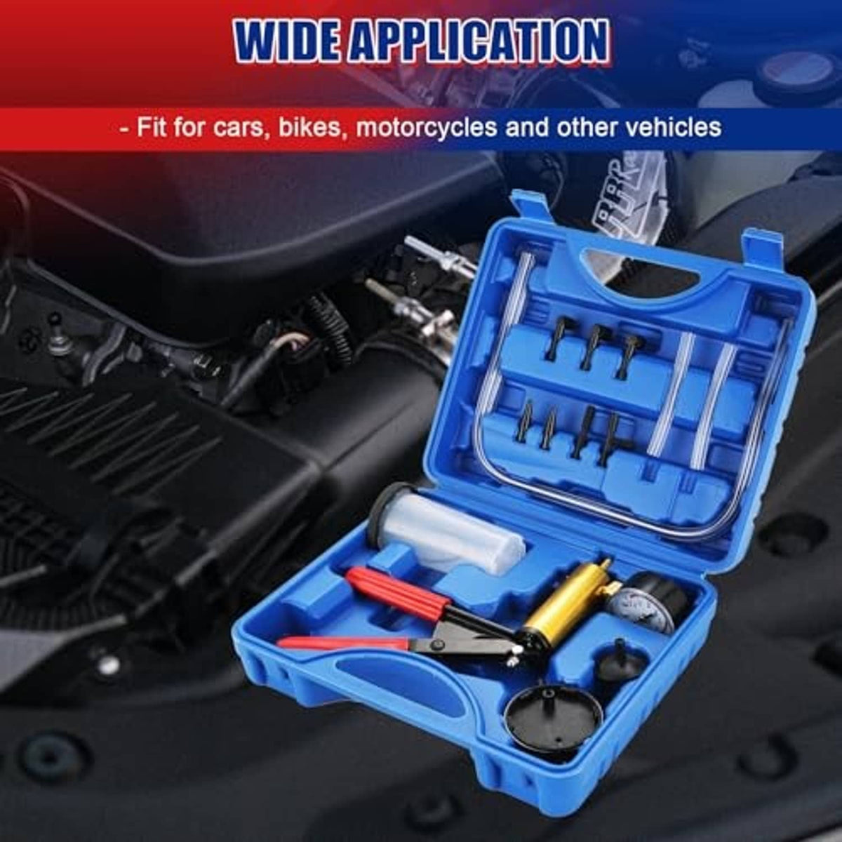 Blue vacuum brake bleeder kit open in engine bay with gauge, pump, and adapters