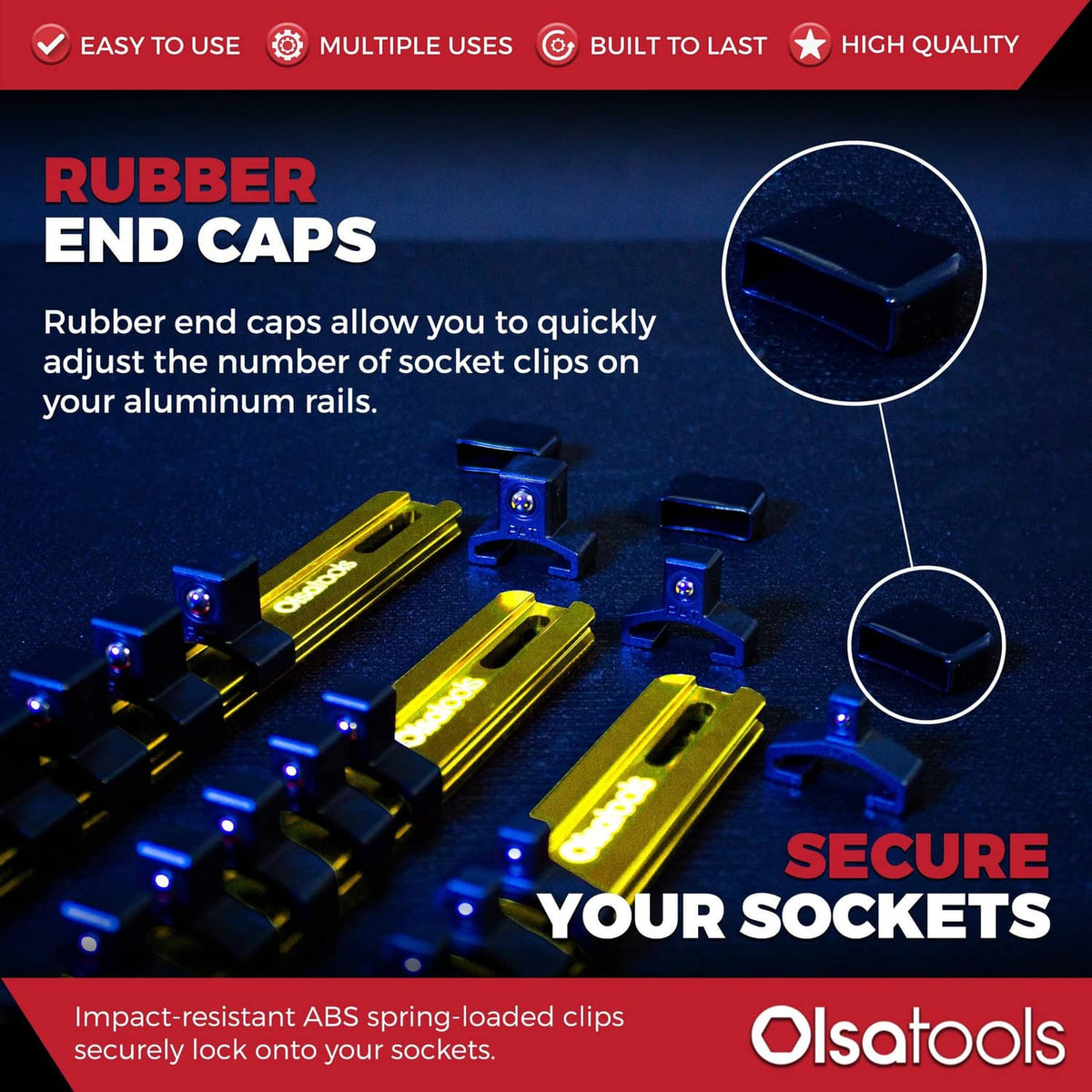 Yellow socket rails with end caps and secure black spring clips