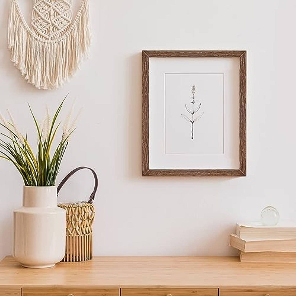 Walnut-brown solid oak picture frame with 8x10 white mat and clear glass