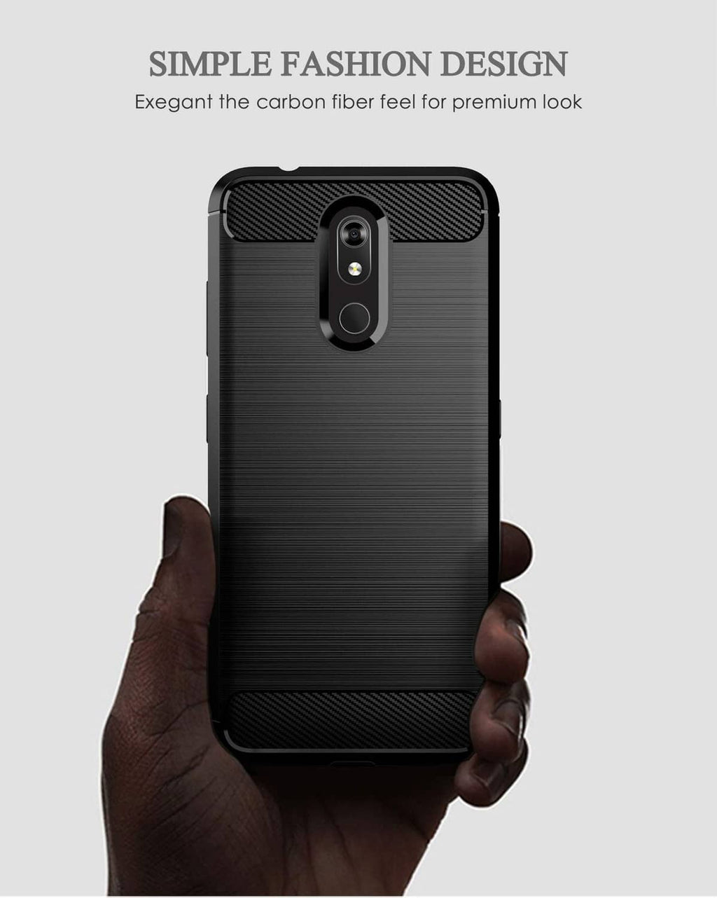 Black brushed phone case with carbon-fiber top trim and ergonomic hand grip