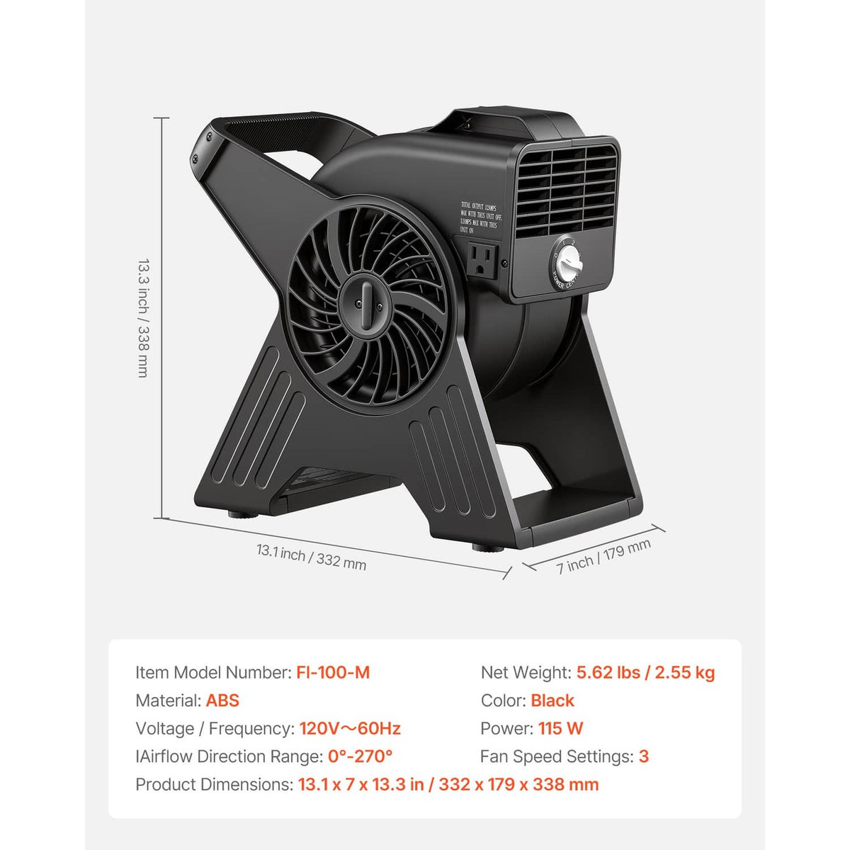Black 13-inch portable utility fan on stand with dial and vent grille
