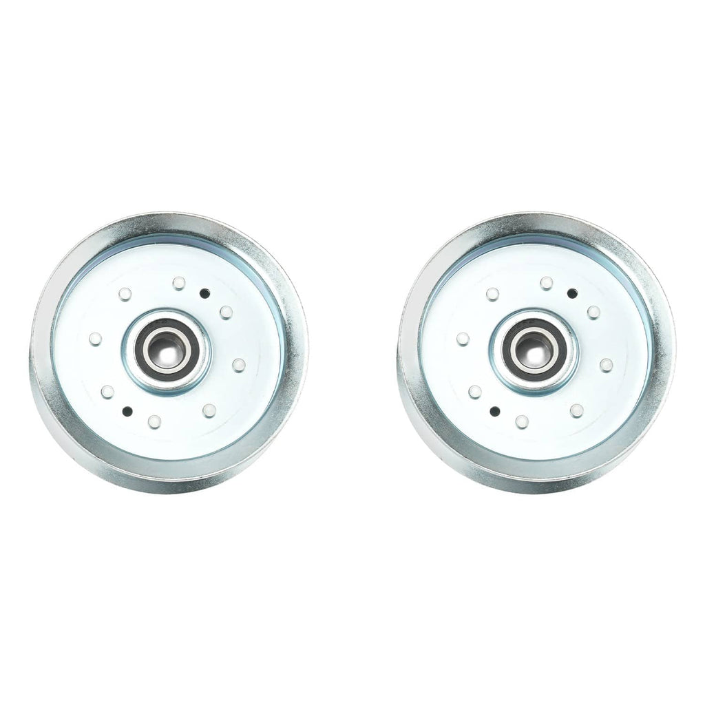 Metal mower pulley wheels with central bearing and bolt holes, two-pack