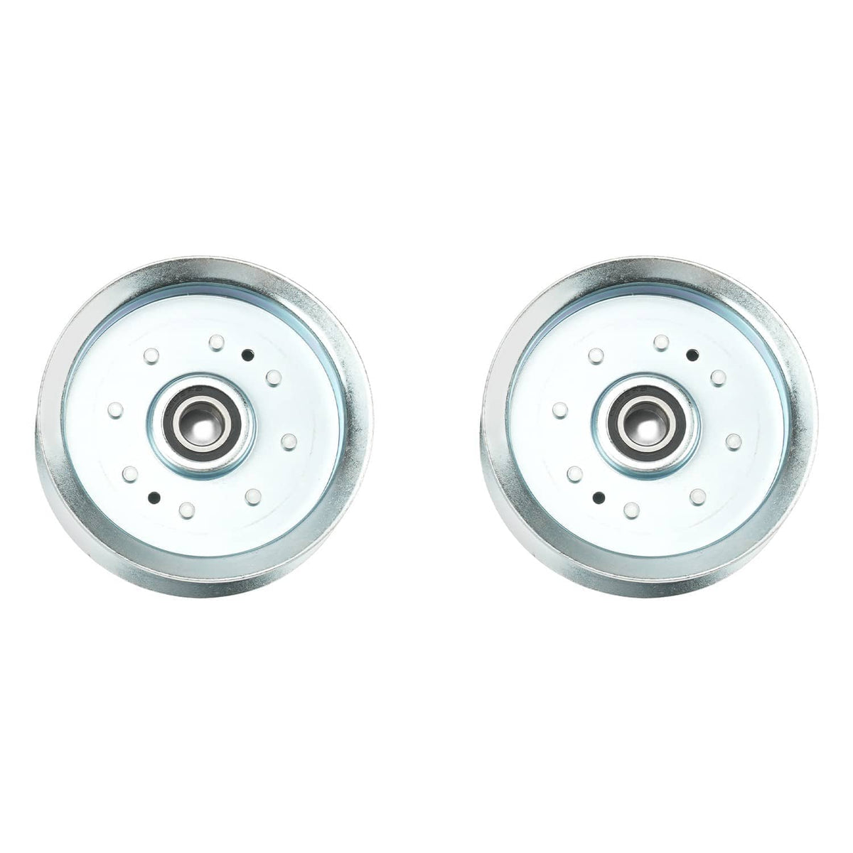 Metal mower pulley wheels with central bearing and bolt holes, two-pack