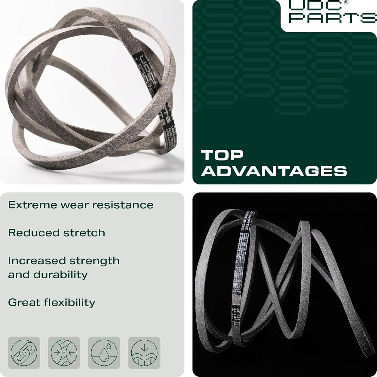 Gray aramid deck belt loops with top-advantages comparison graphic