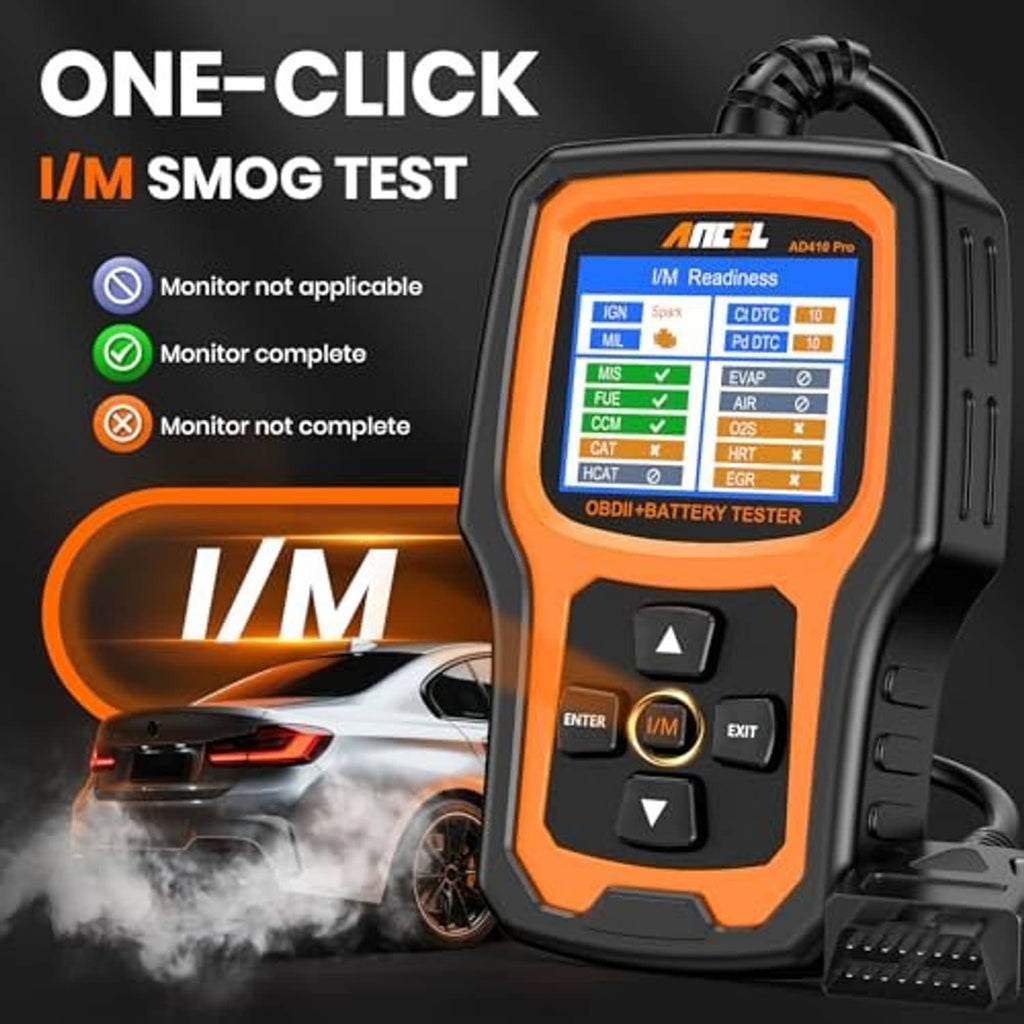 Orange and black handheld OBD2 scanner and battery tester with I/M smog readiness screen