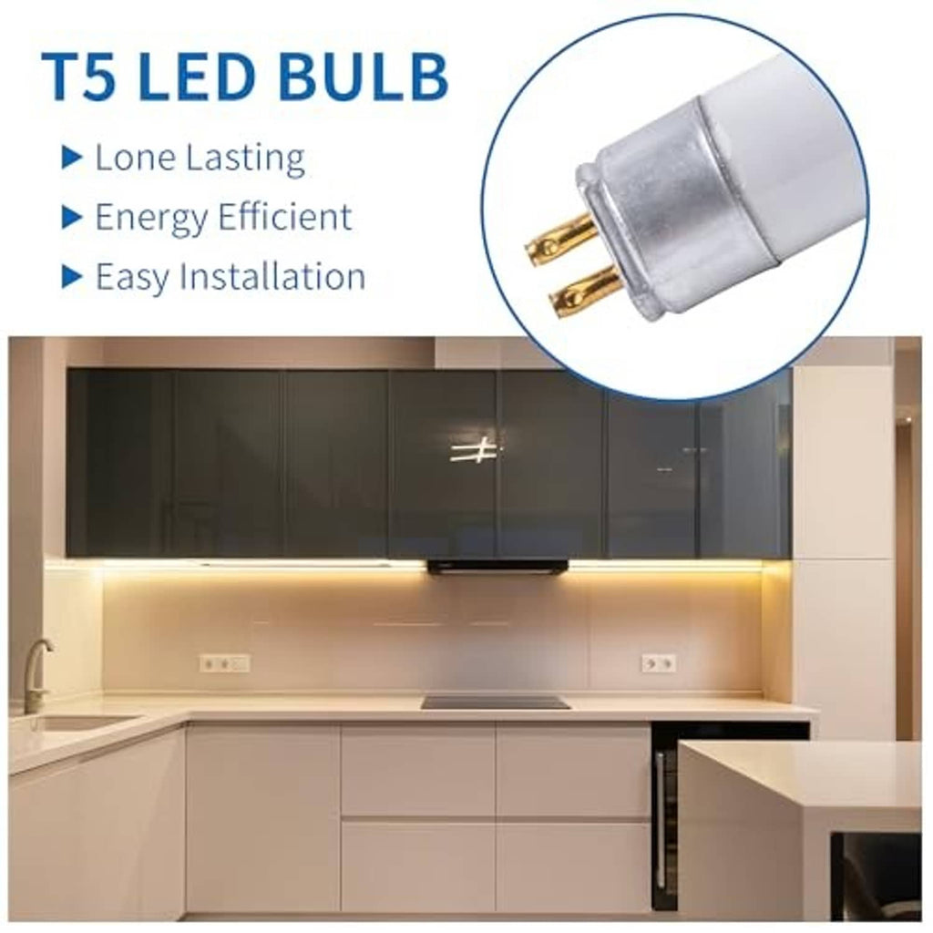 T5 LED bulb with metal end cap and dual-pin base, featured for easy installation