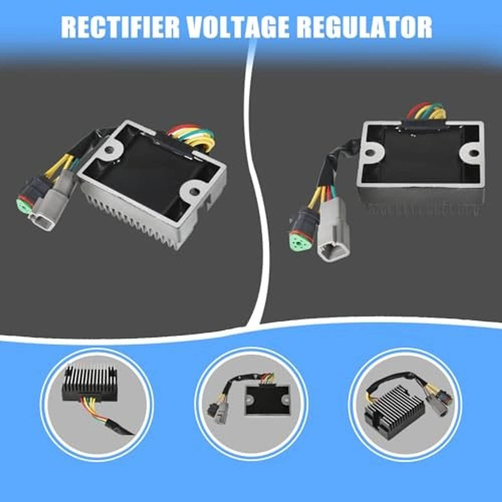 Rectifier voltage regulator shown from two angles with mounting plate and connectors
