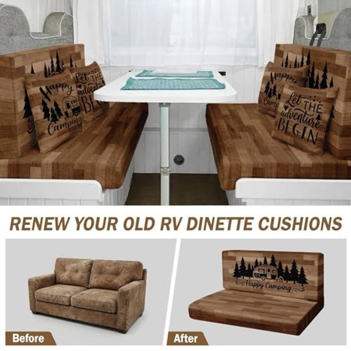 Brown RV dinette cushion covers with camping quotes; set includes seat cushions and pillows
