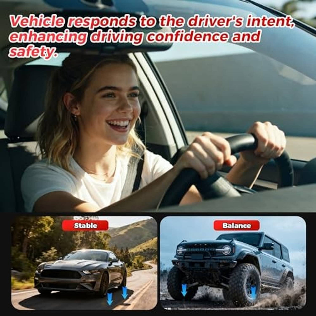 Driver in car with stable and balance graphic panels on screen