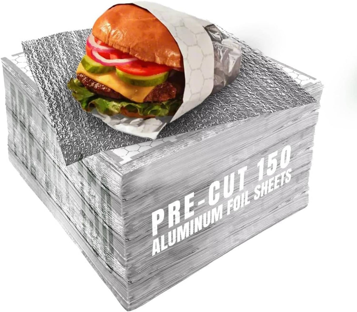 Stack of pre-cut aluminum foil sheets for wrapping, with hex-patterned top sheet