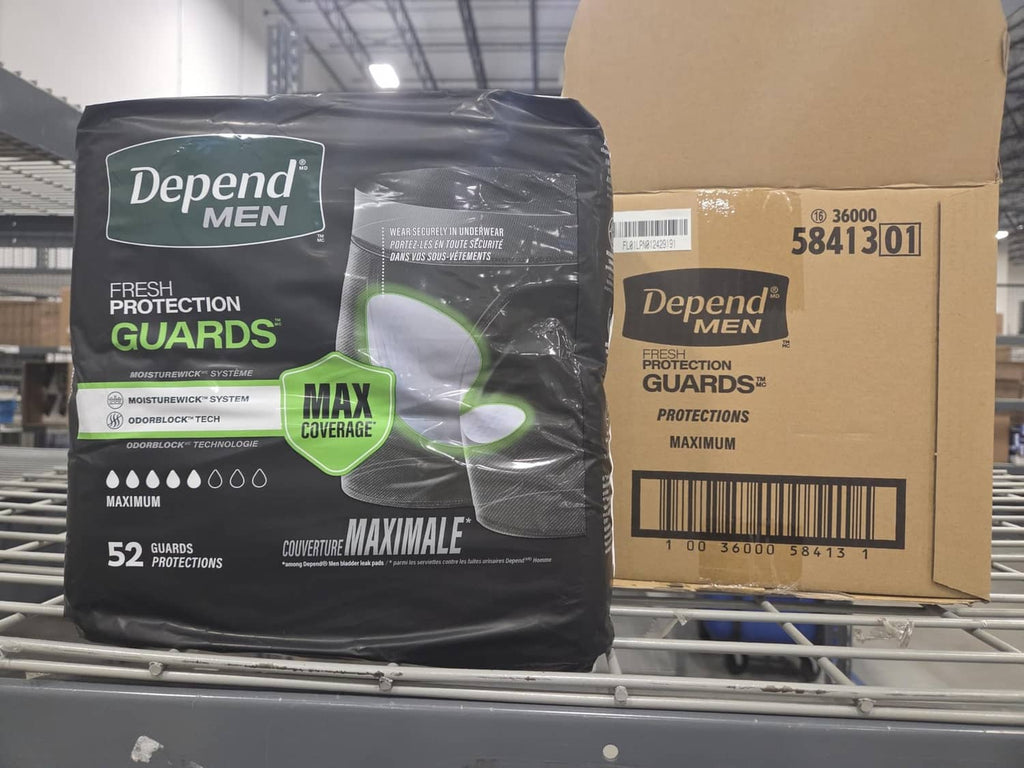 Men's incontinence guards in sealed plastic bag next to shipping box on shelf