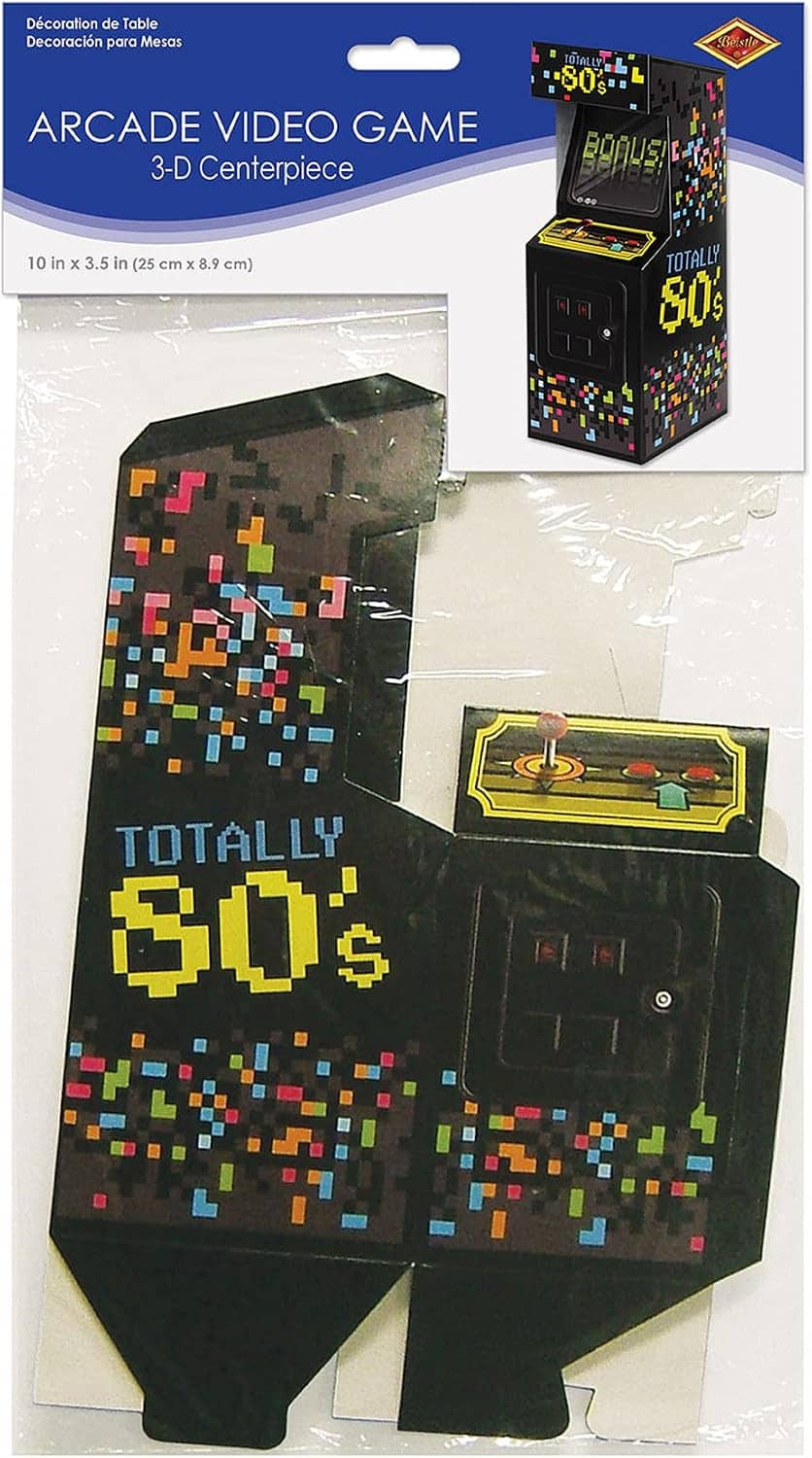 Packaged 3D arcade video game centerpiece, black pixel-art design with control panel graphic