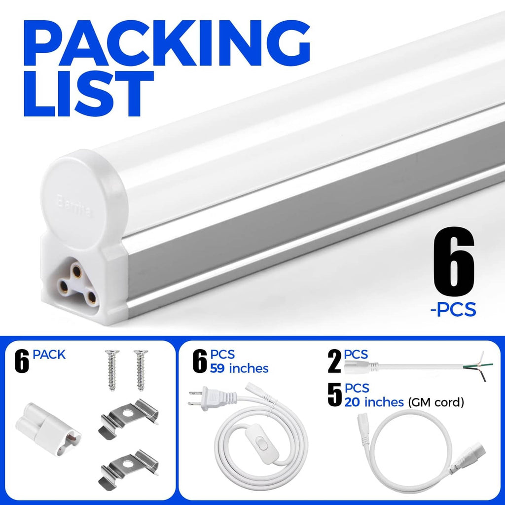 Six-pack T5 LED integrated light fixtures, white housings with silver light tubes