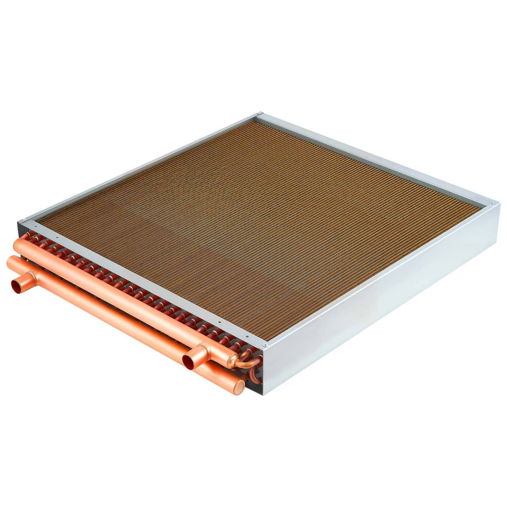 Water-to-air heat exchanger coil, 24 x 24 in, copper tubes and brown finned core