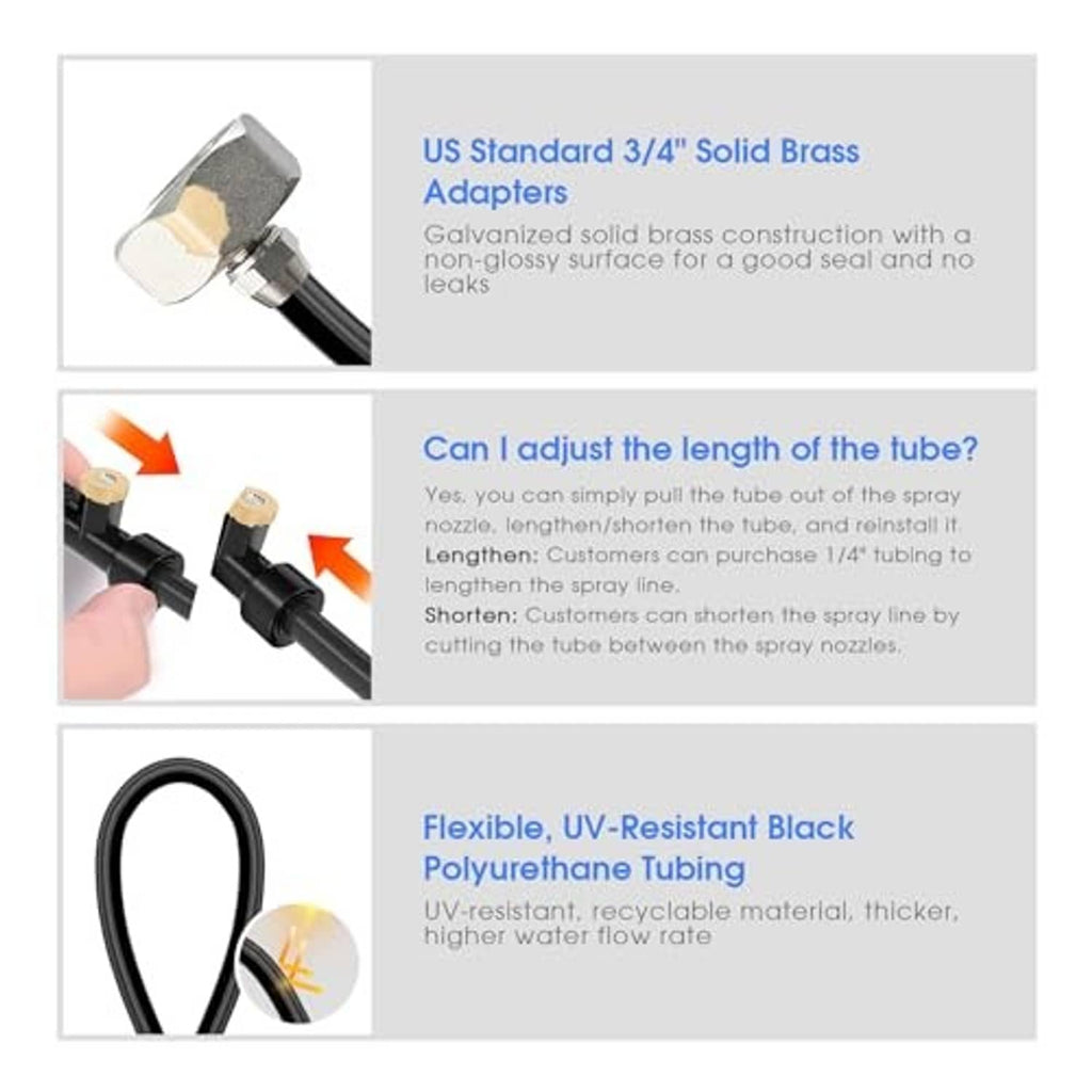 Brass adapter and flexible black UV-resistant misting tubing with length-adjustment design