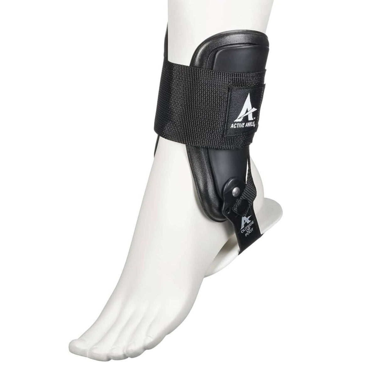 Black ankle brace with molded shell and open heel strap on bare foot