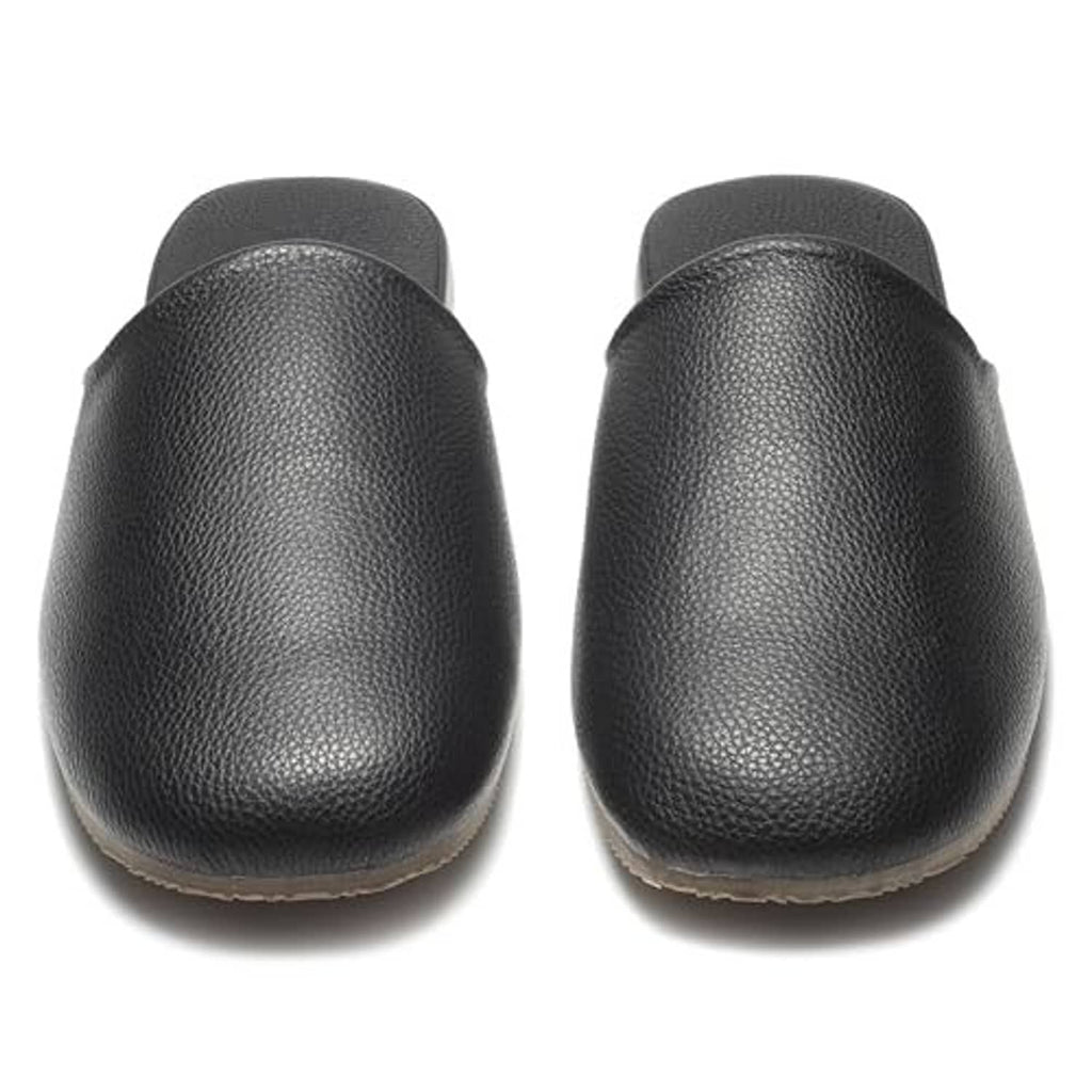 Pair of black leather slip-on slippers showing rounded toe and back
