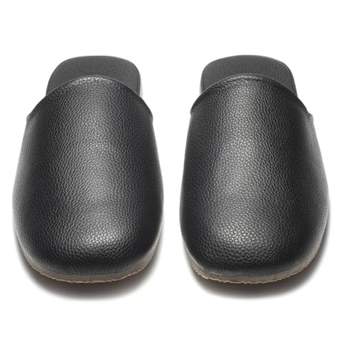 Pair of black leather slip-on slippers showing rounded toe and back