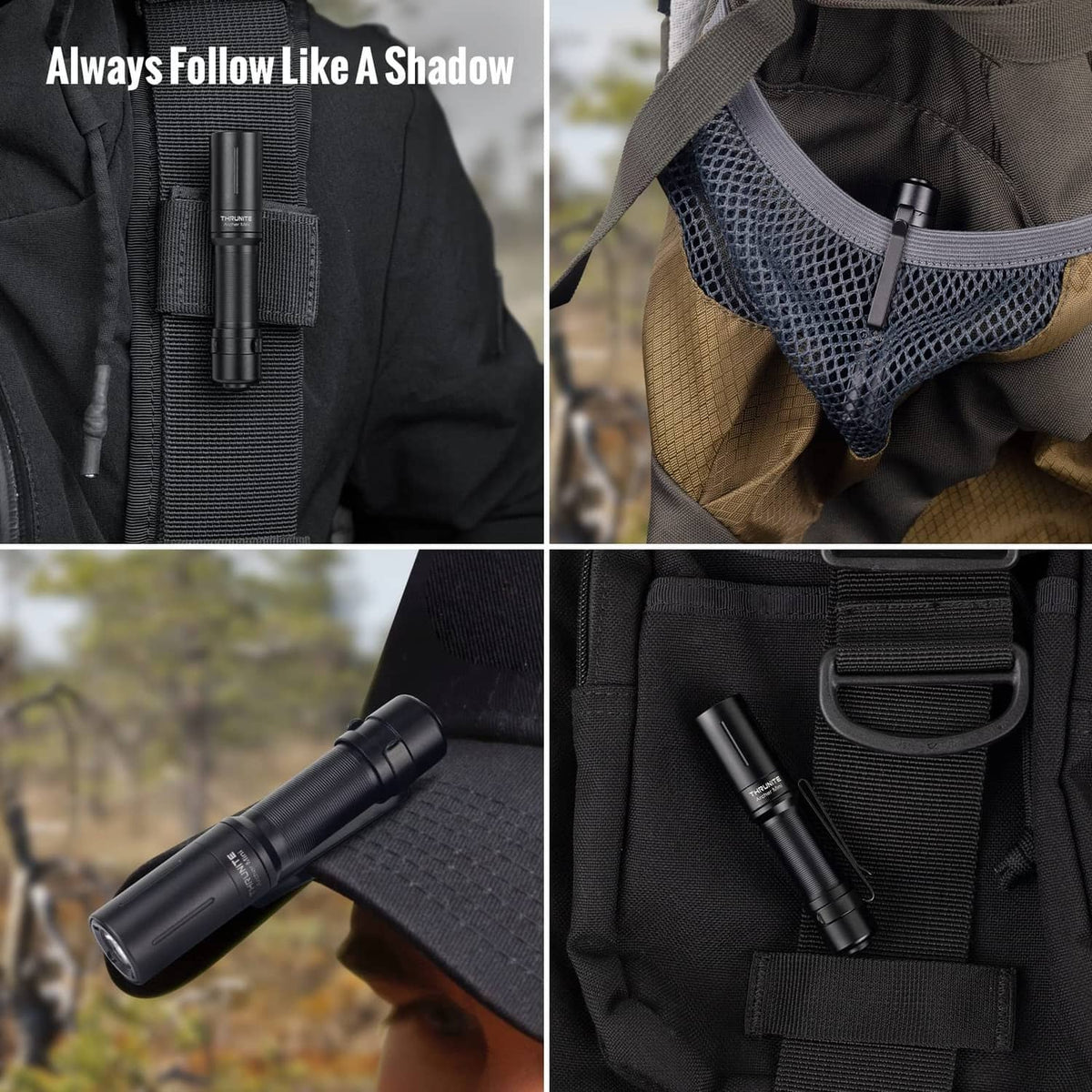ThruNite Archer Mini pocket EDC pen flashlight, black, clipped to a bag strap