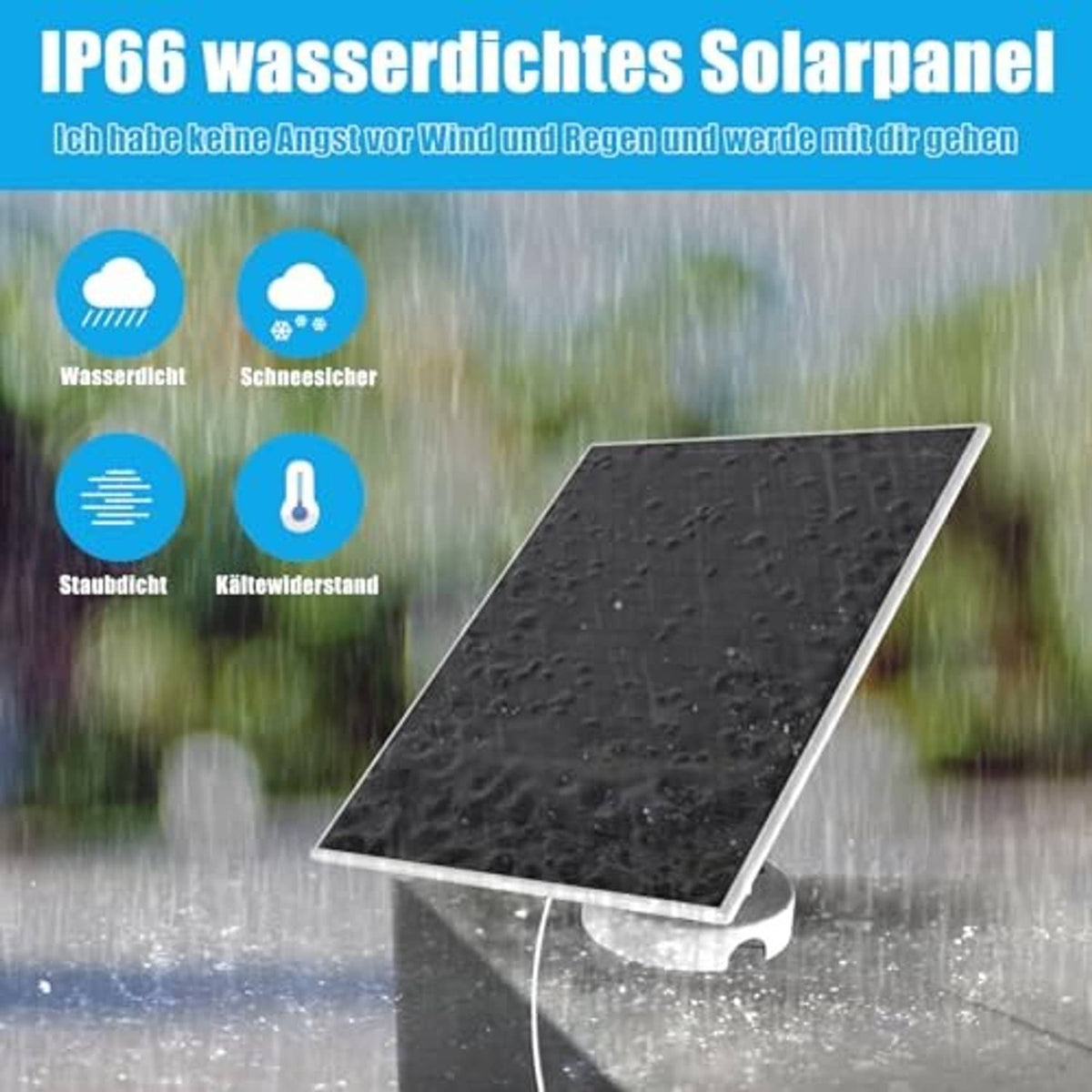Water-resistant 6W solar panel with IP66 protection shown by rain droplets