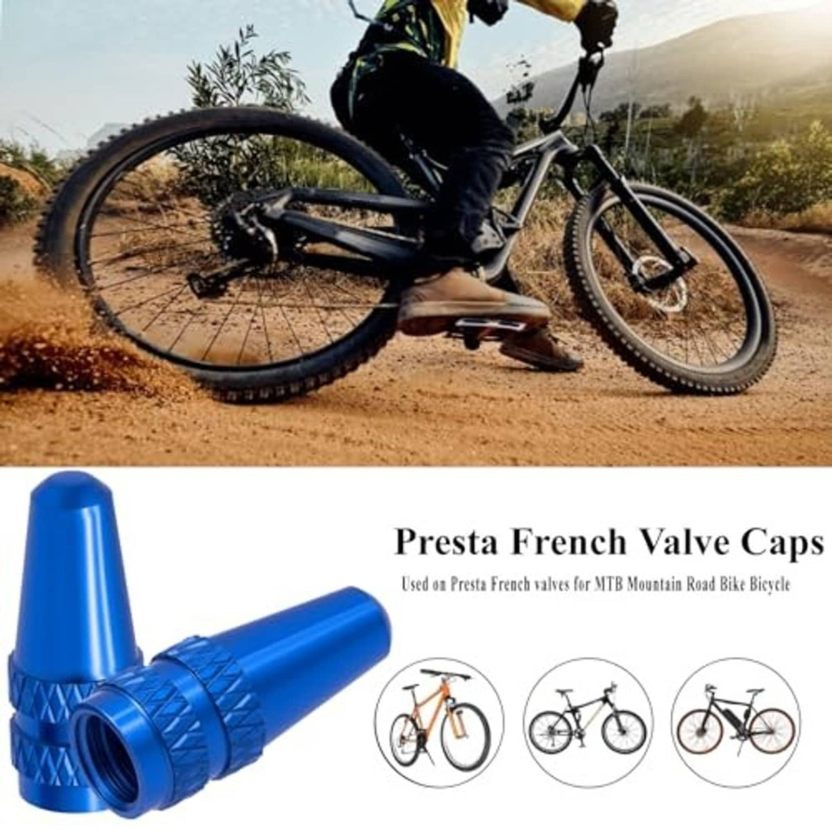 Blue Presta valve caps (4-pack) with knurled diamond bands and protective dust covers