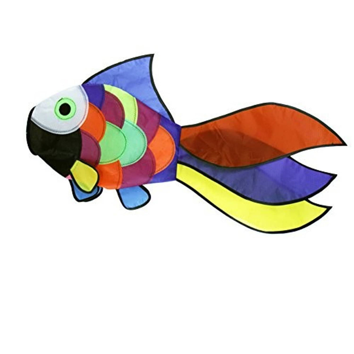 Rainbow fish outdoor windsock with spiral body and long orange, purple, and yellow tail fins