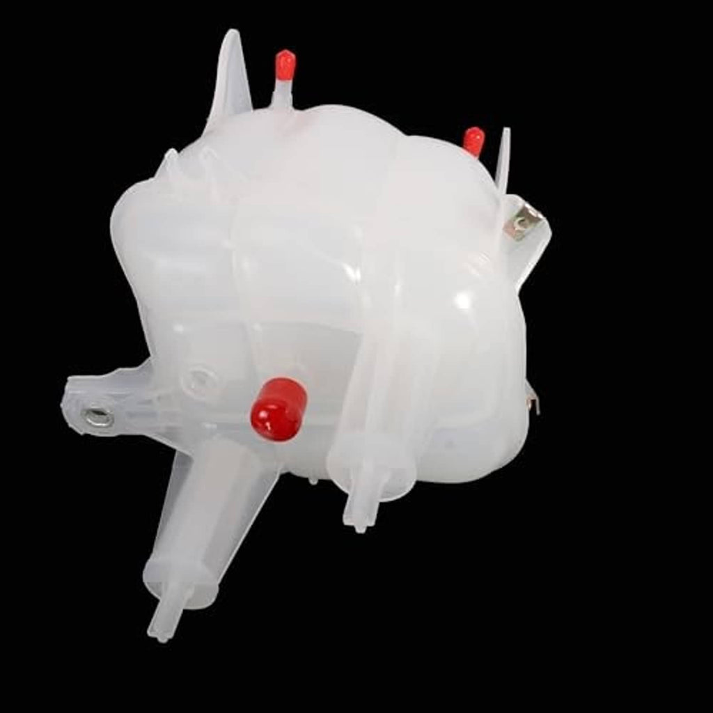 Engine coolant reservoir, white plastic with red caps and metal mounting bracket